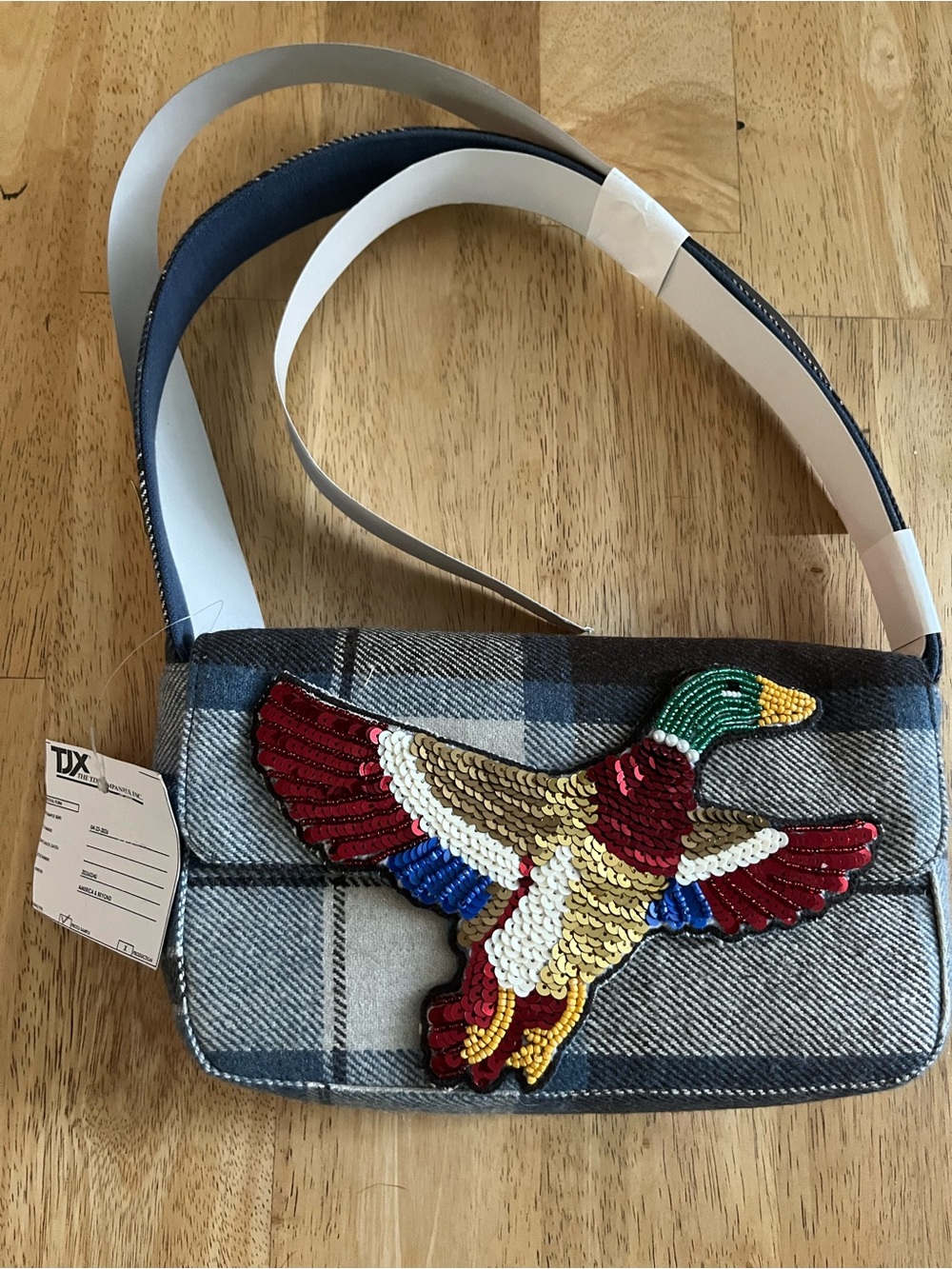 Plaid Hand Bag with Sequin & beaded Flying mallard Appliquéd SAMPLE for TJ Maxx!